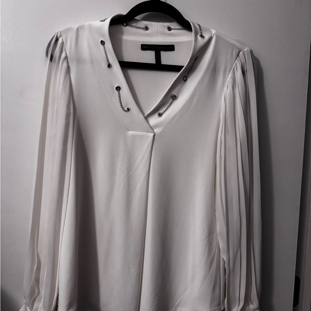 White House Black Market White Blouse with Silver Accents